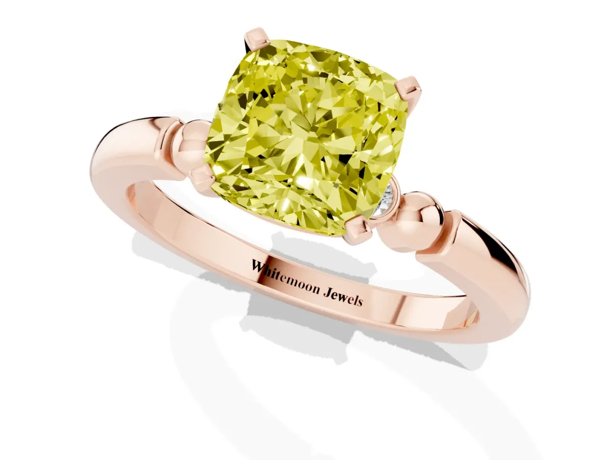 Fancy Yellow Cushion Cut Solitaire Beaded Band with Four-Prong Setting Rose gold