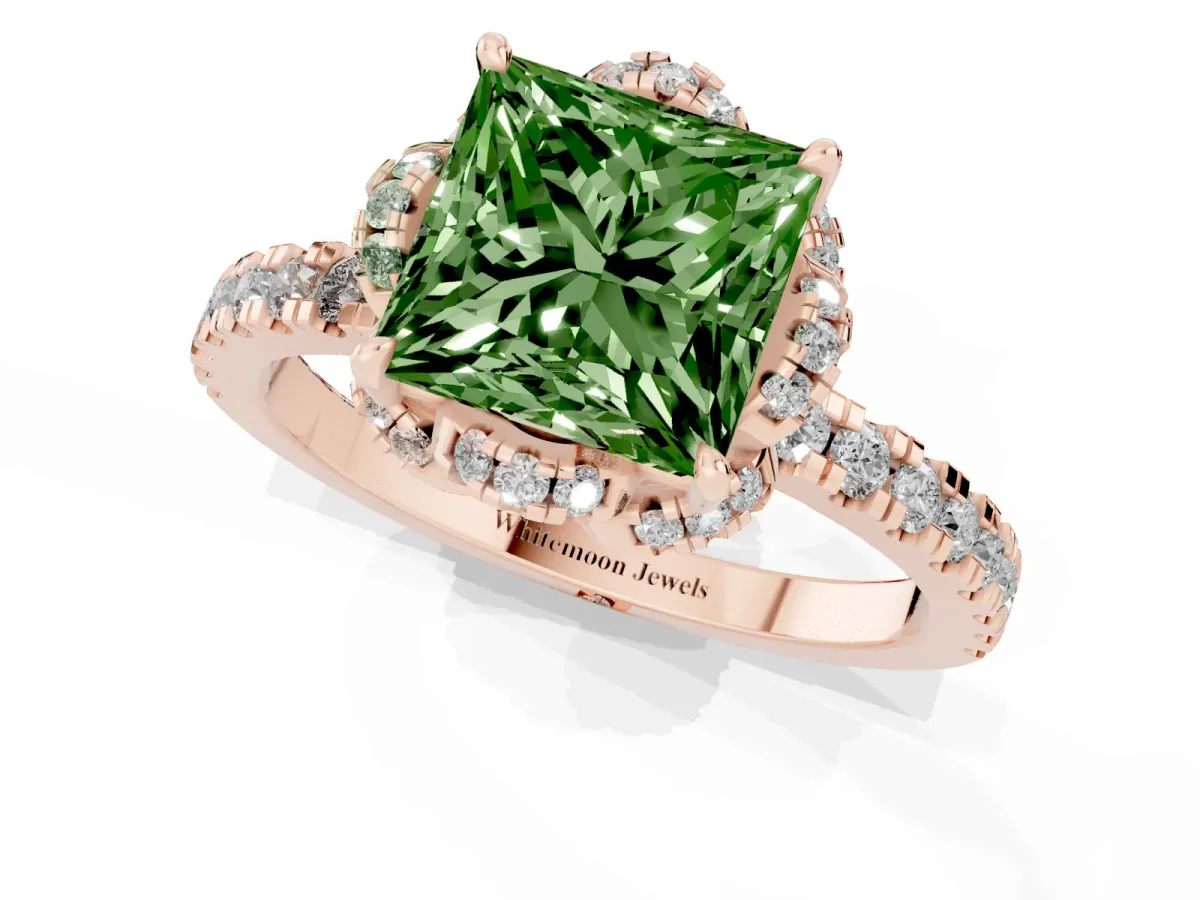 Fancy Green Princess Cut Halo Diamond Pave Band Ring with Four-Prong Setting Rose gold