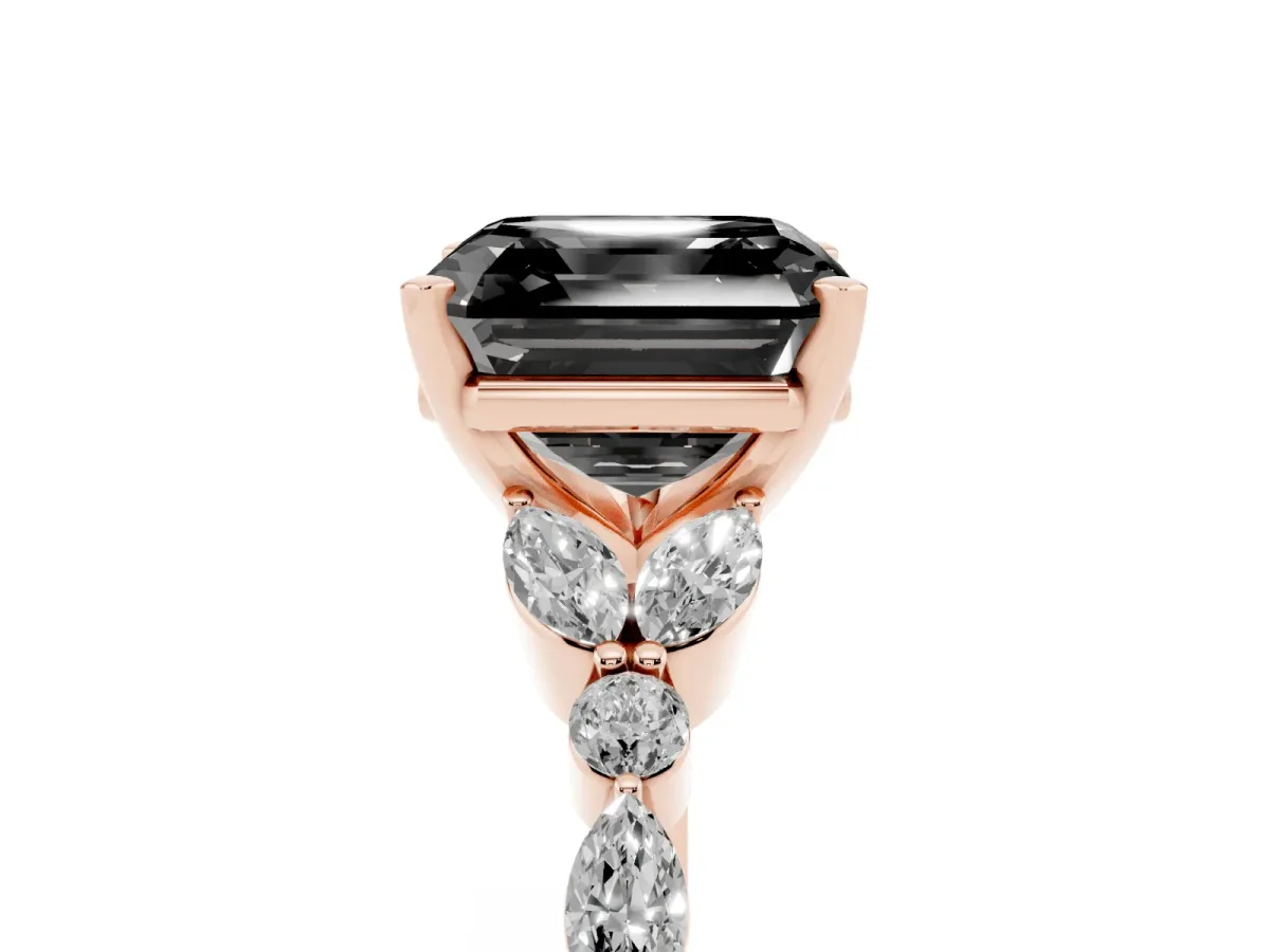 Fancy Black Asscher Cut Diamond Solitaire Ring with Side Stones and Four-Prong Setting Rose gold