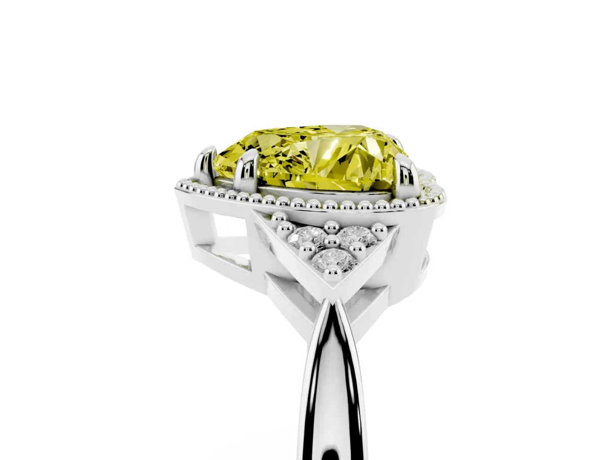 Fancy Yellow Heart Cut Diamond Halo Ring with Tapered Band and Four-Prong Setting Silver