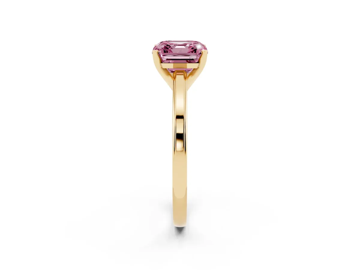 Fancy Pink Asscher Cut Solitaire Diamond Ring with Four-Prong Setting and Classic Band Yellow gold