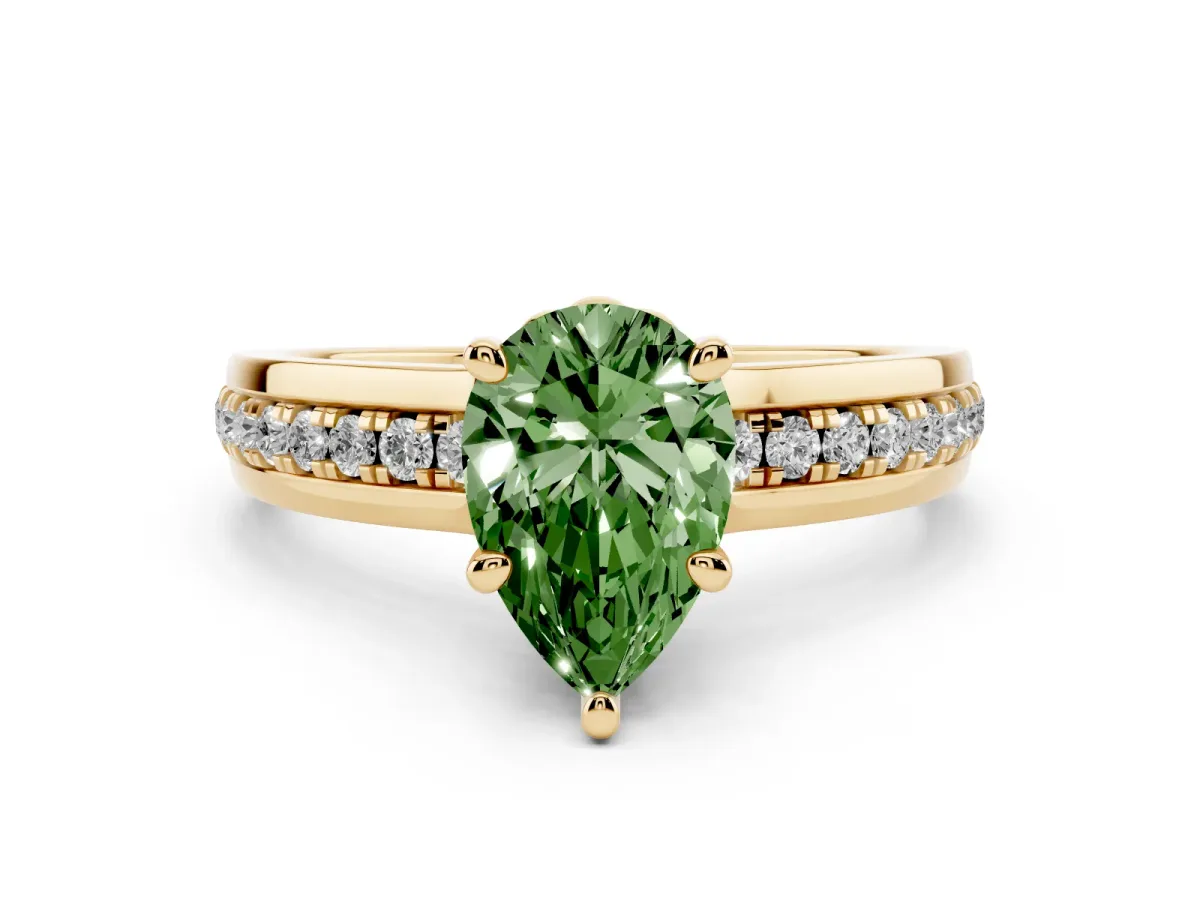 Fancy Green Pear Cut Solitaire Diamond Ring with Channel Set Band and Six-Prong Setting Yellow gold