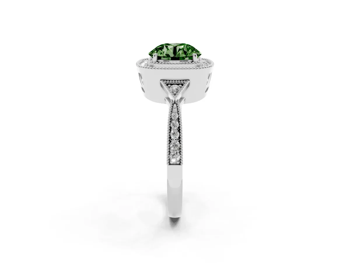 Fancy Green Round Cut Halo Round Diamond Milgrain Pave Engagement Ring Silver