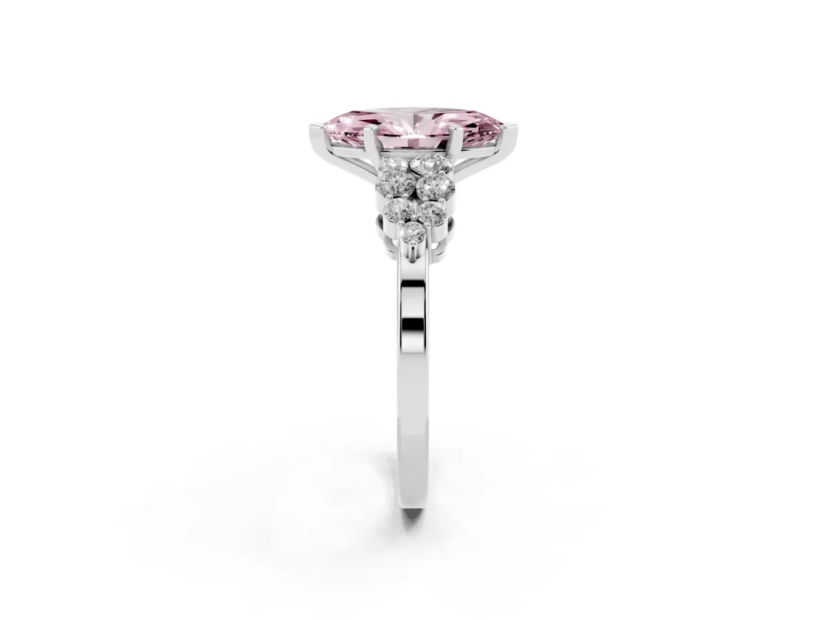Fancy Pink Marquise Cut Cluster Diamond Engagement Ring with Pavé Band and Four-Prong Setting Silver