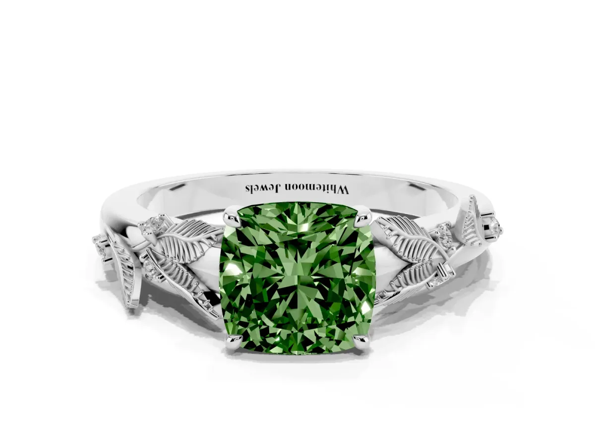 Fancy Green Cushion Cut Diamond Solitaire Ring with Leaf Motif Band and Four-Prong Setting Silver