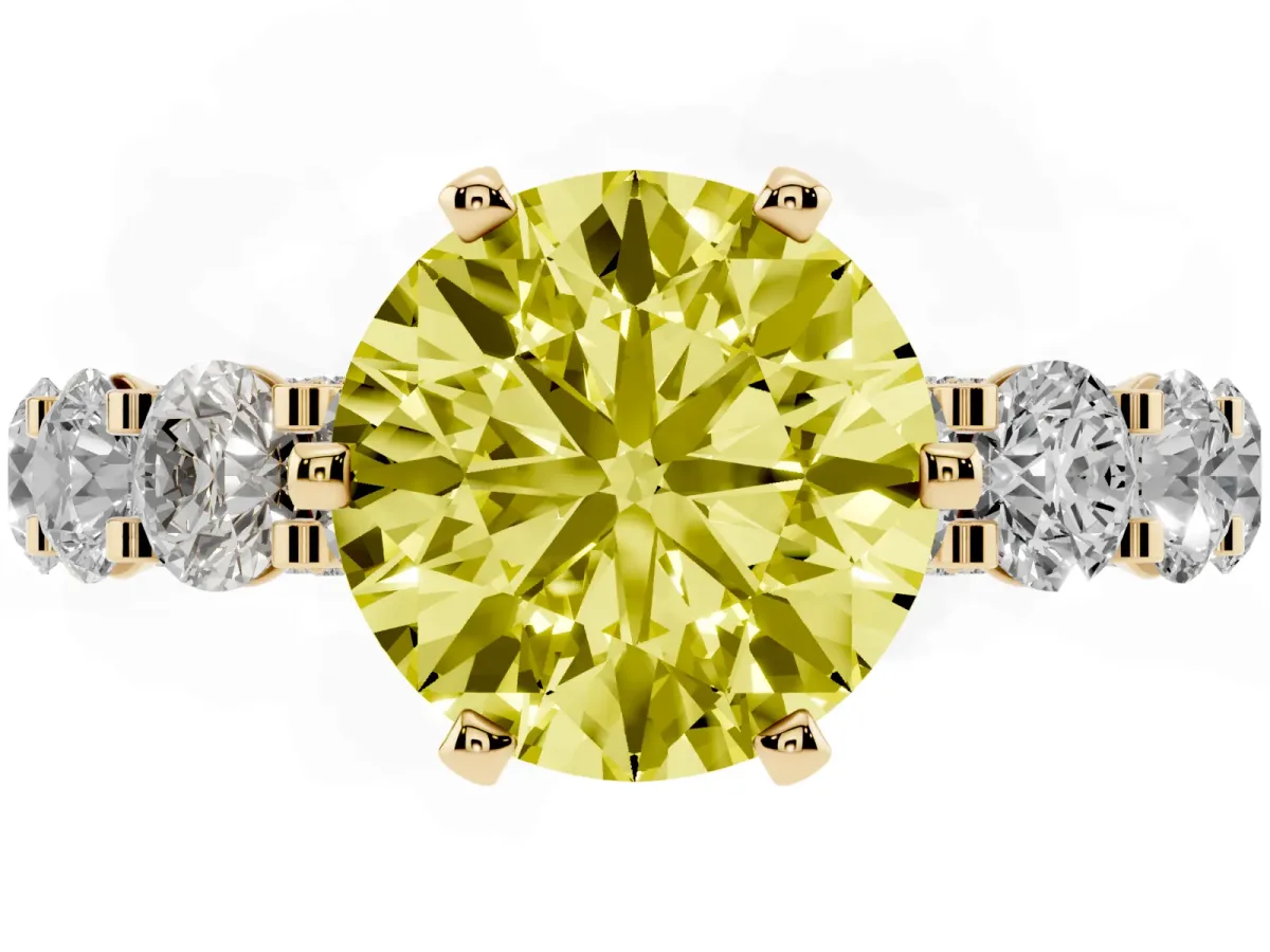 Fancy Yellow Round Cut Diamond Side Stone Engagement Ring with Four-Prong Setting Yellow gold