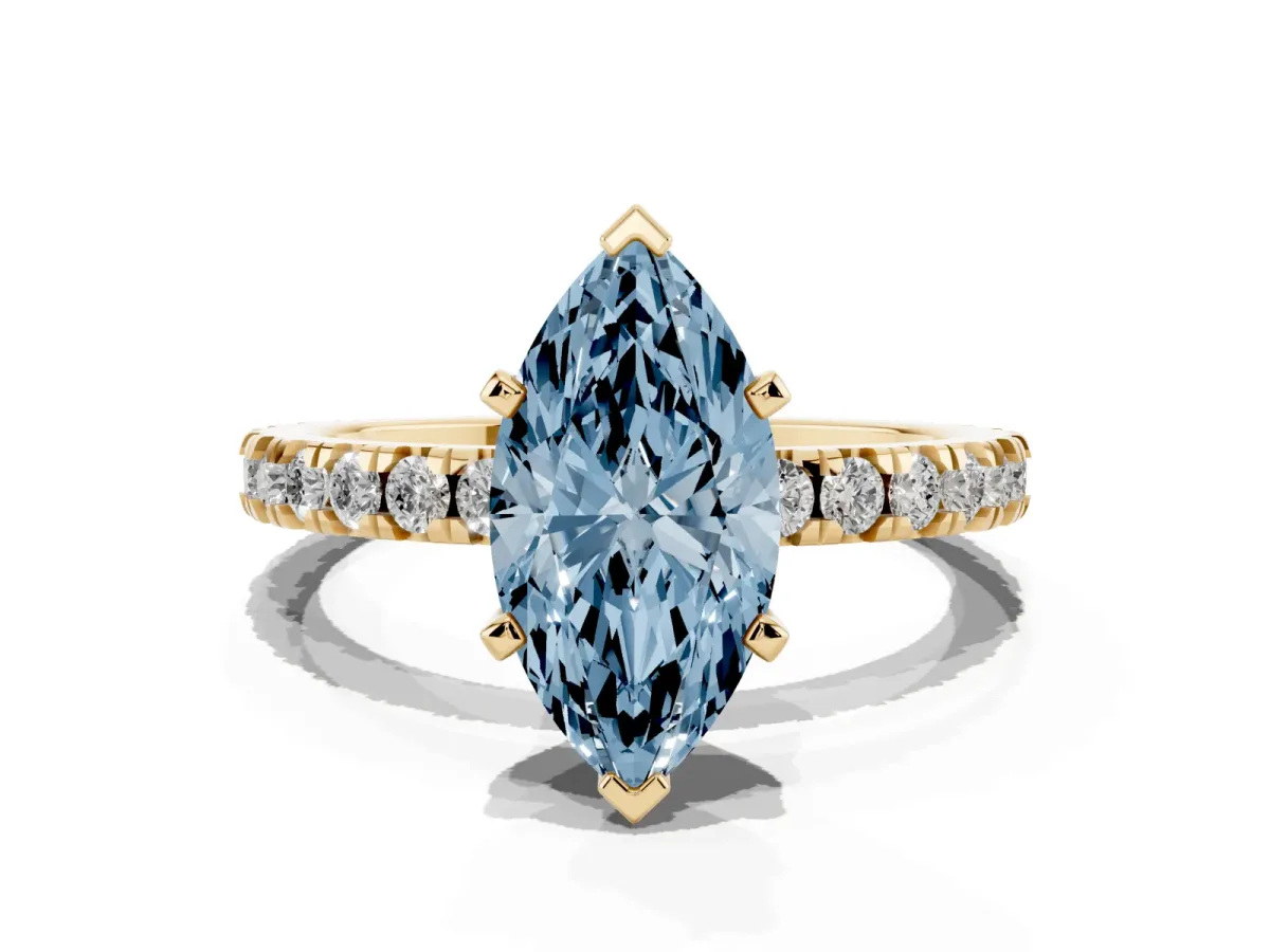 Fancy Blue Marquise Cut Diamond Pavé Band Solitaire with Four-Prong Setting Yellow gold