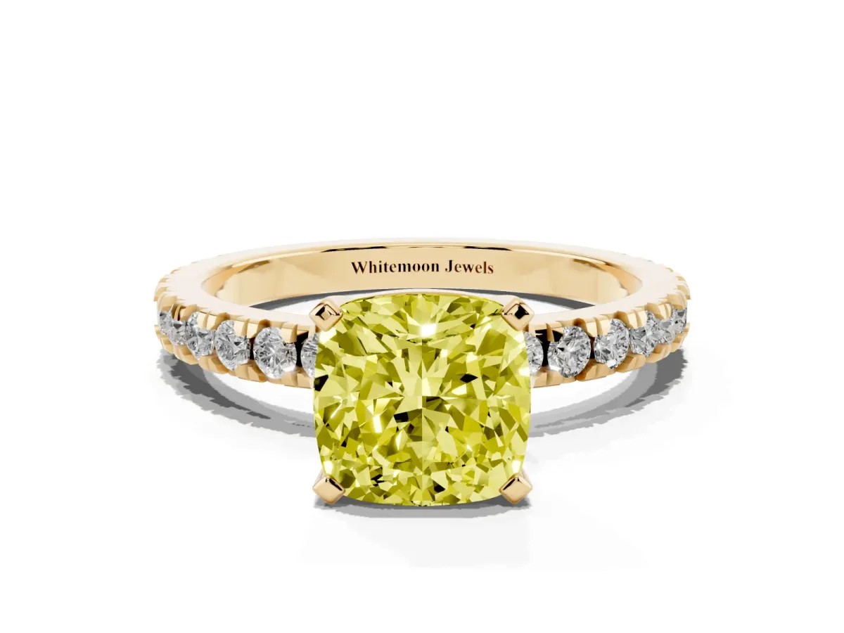 Fancy Yellow Cushion Cut Diamond Pavé Band Solitaire with Four-Prong Setting Yellow gold