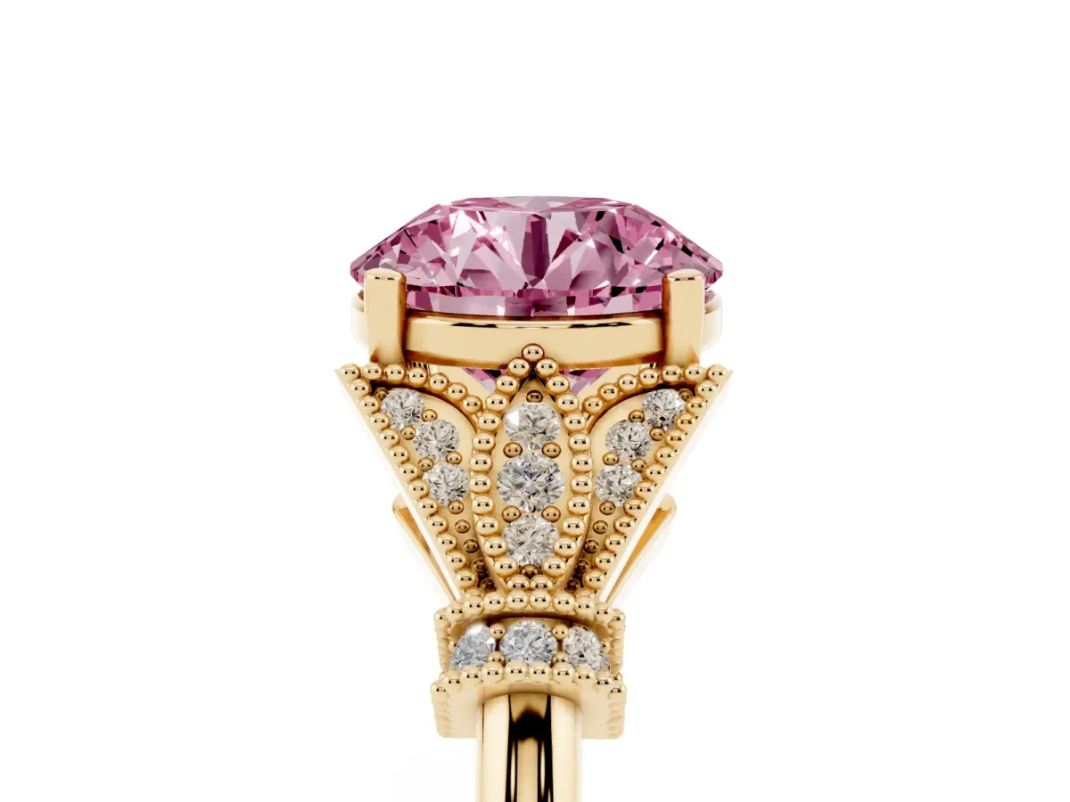 Fancy Pink Round Cut Diamond Solitaire Ring with Floral Filigree and Pave Accents Yellow gold