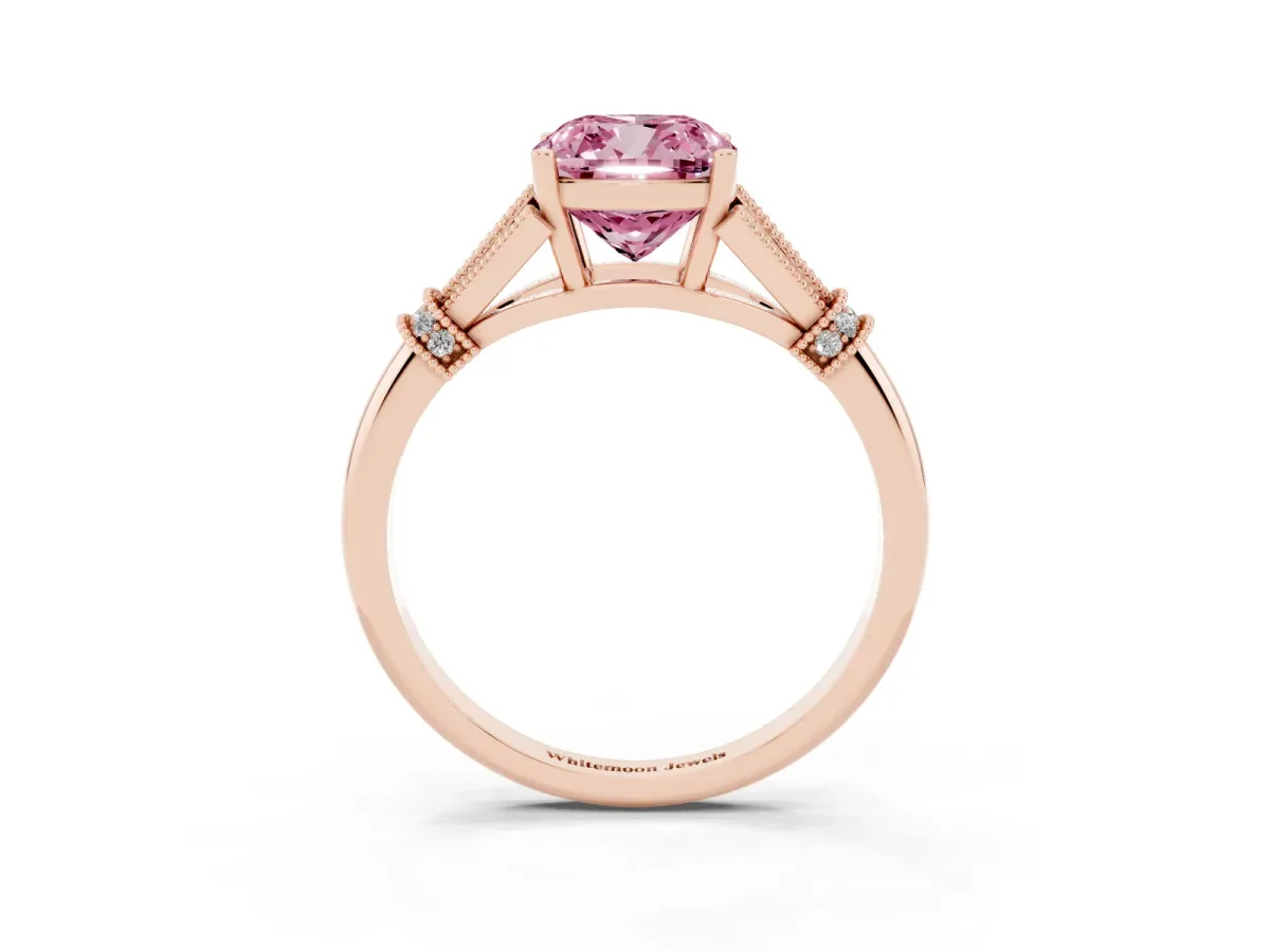 Fancy Pink Cushion Cut Diamond Solitaire Ring with Floral Filigree and Pave Accents Rose gold