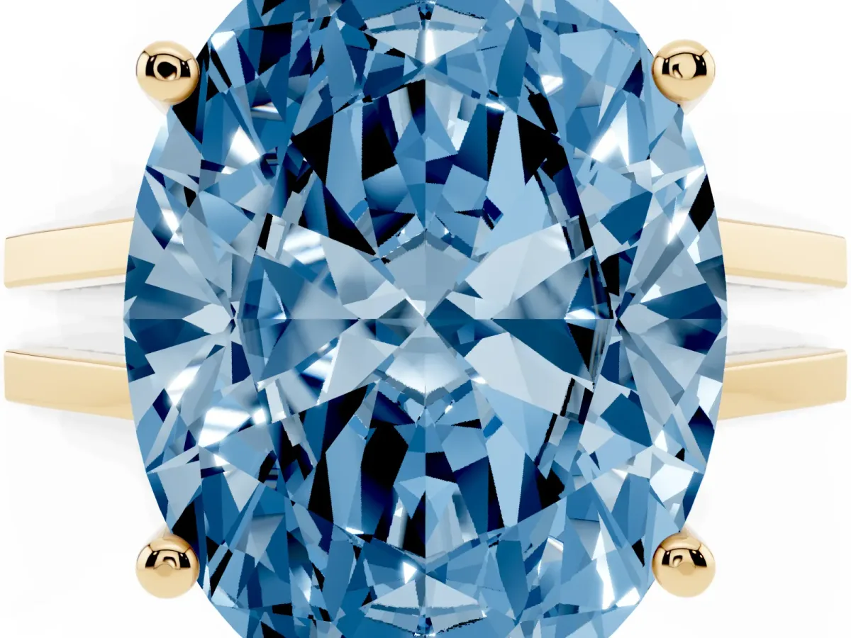 Fancy Blue Oval Cut Cut Diamond Solitaire Engagement Ring with Tapered Plain Band and Four-Prong Setting Yellow gold