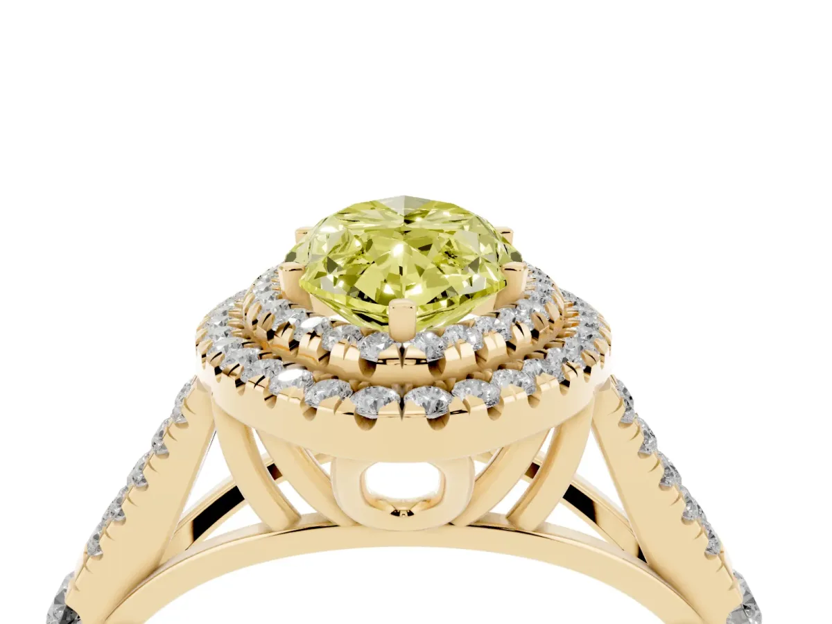 Fancy Yellow Double Halo Marquise Cut Diamond Split Shank Engagement Ring with Four-Prong Setting Yellow gold
