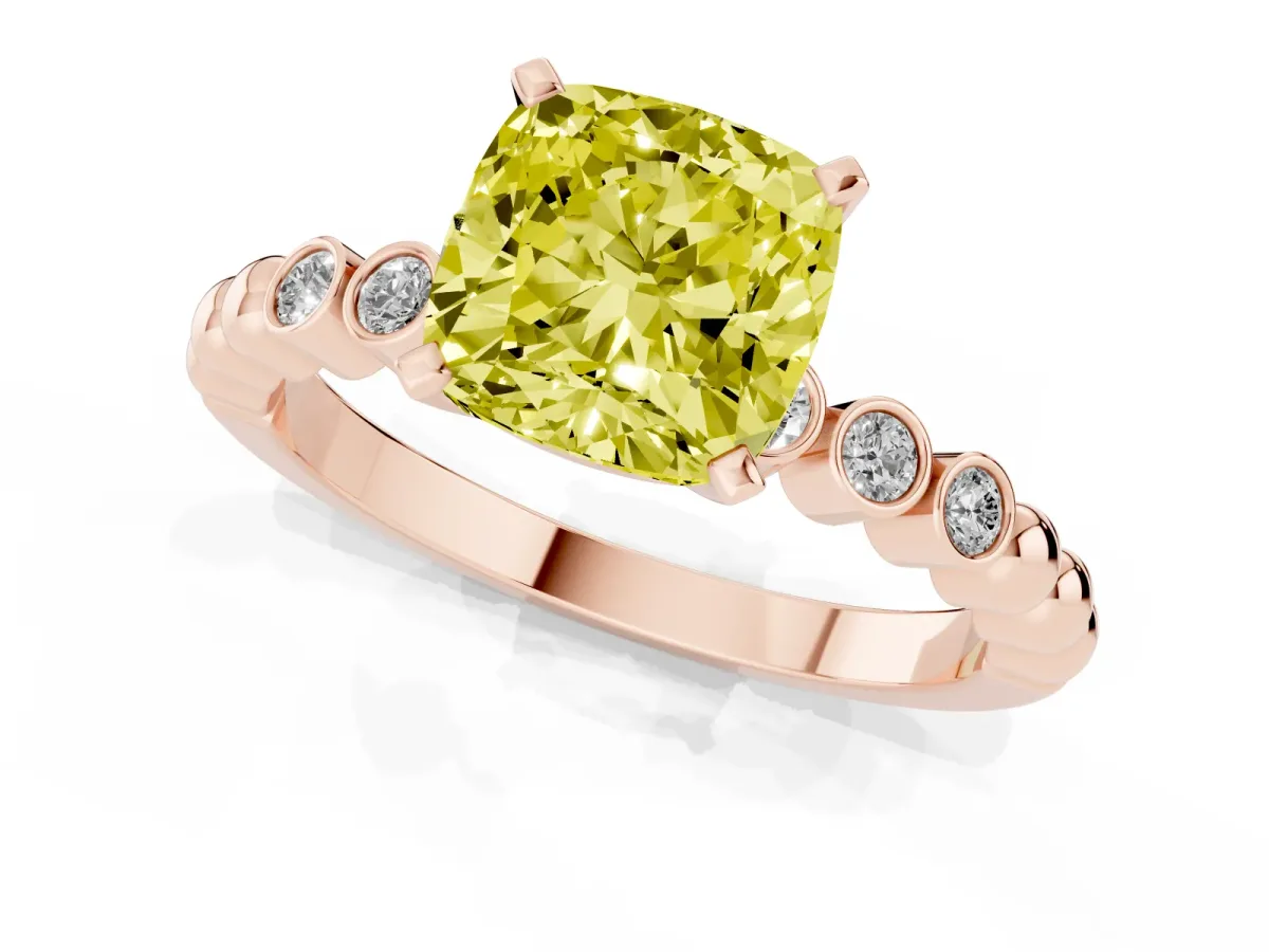 Fancy Yellow Cushion Cut Solitaire Bezel Accent Diamond Engagement Ring with Beaded Band and Four-Prong Setting Rose gold