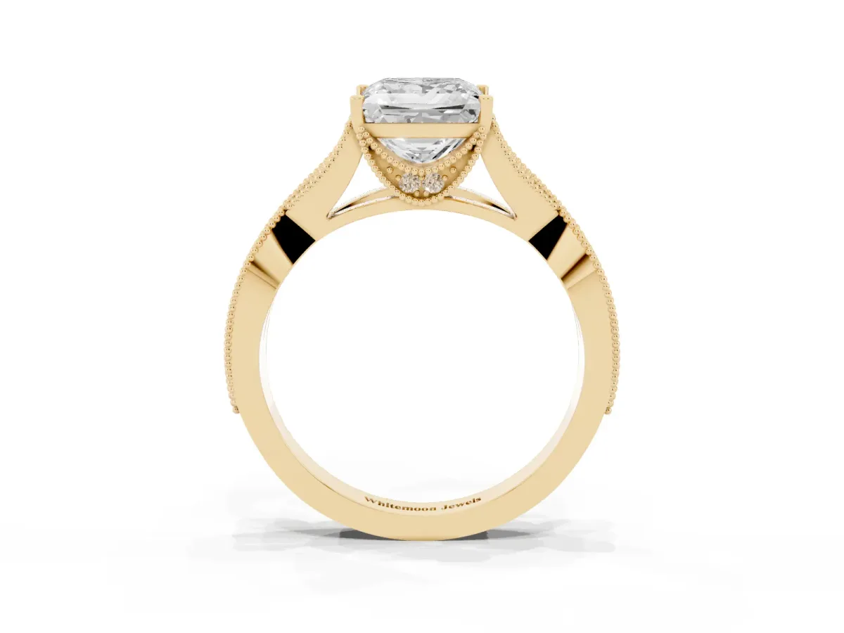 Princess Cut Cut Diamond Twisted Band with Milgrain Pave Setting and Four-Prong Setting Yellow gold