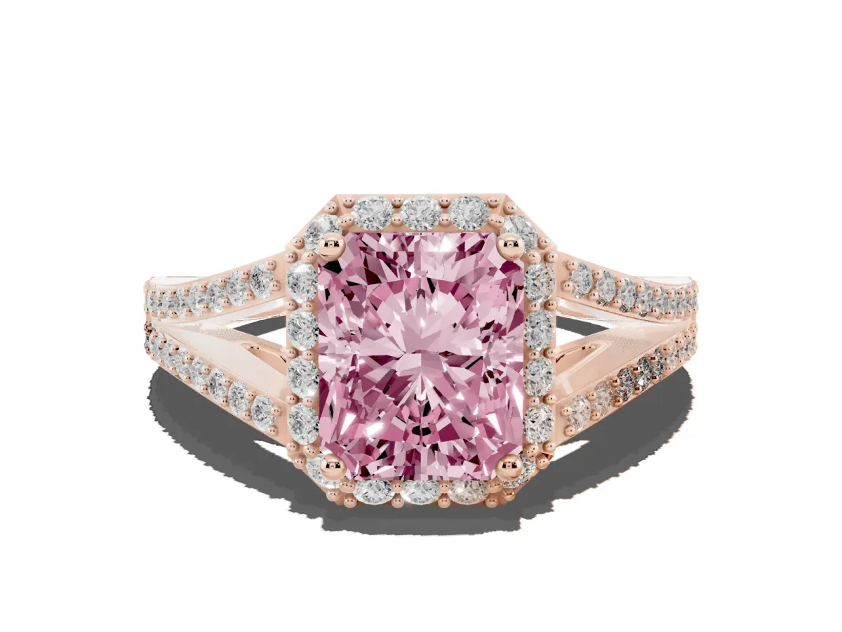 Fancy Pink Radiant Cut Halo Split Shank Diamond Ring with Prong Setting Rose gold