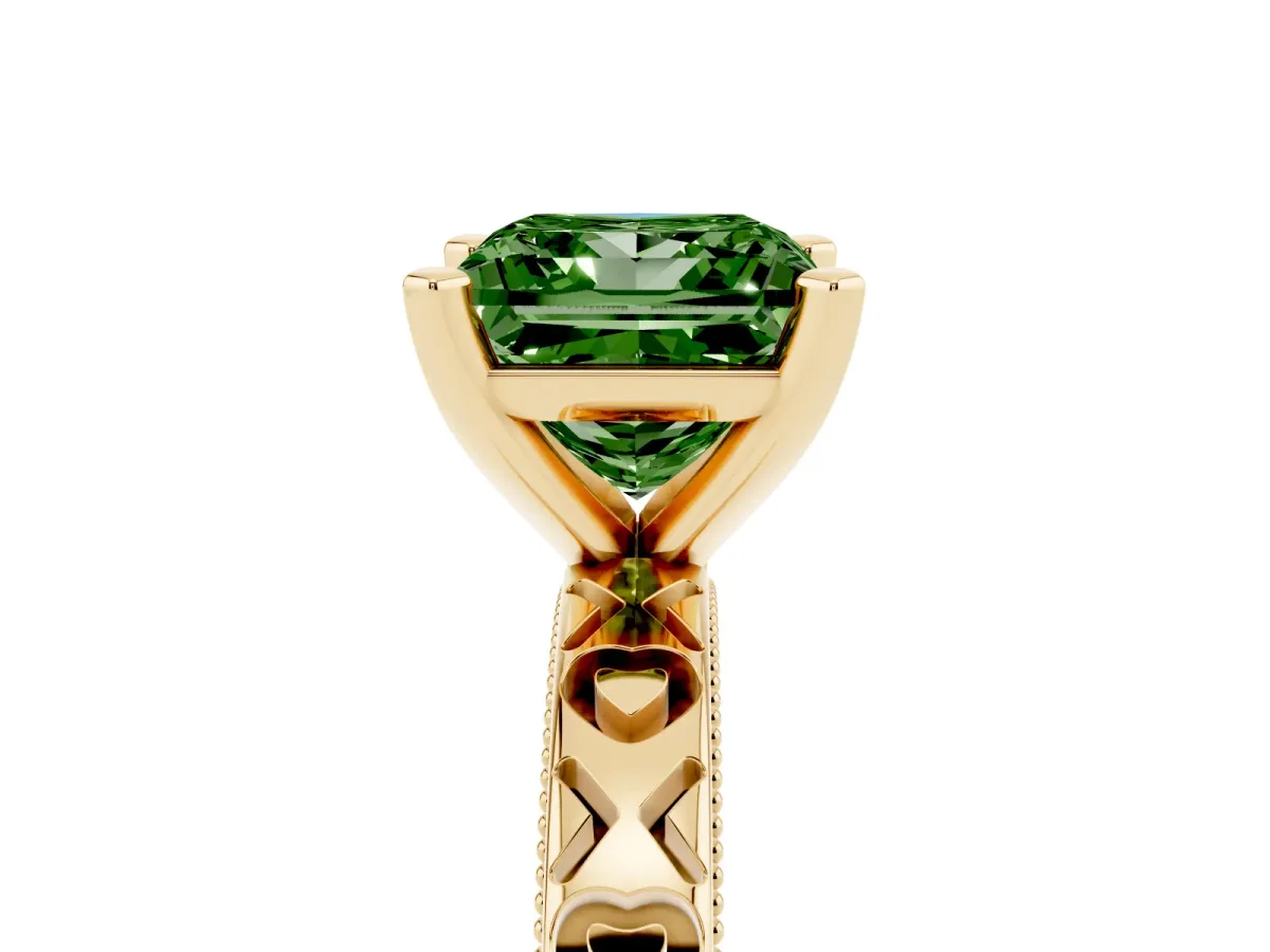 Fancy Green Princess Cut Solitaire Diamond Engagement Ring with XO Engraved Band and Four-Prong Setting Yellow gold