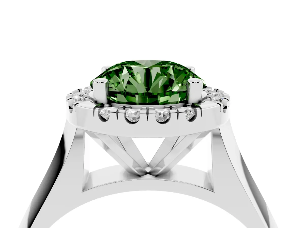 Fancy Green Round Cut Cut Halo Solitaire Engagement Ring with Square Band and Four-Prong Setting Silver