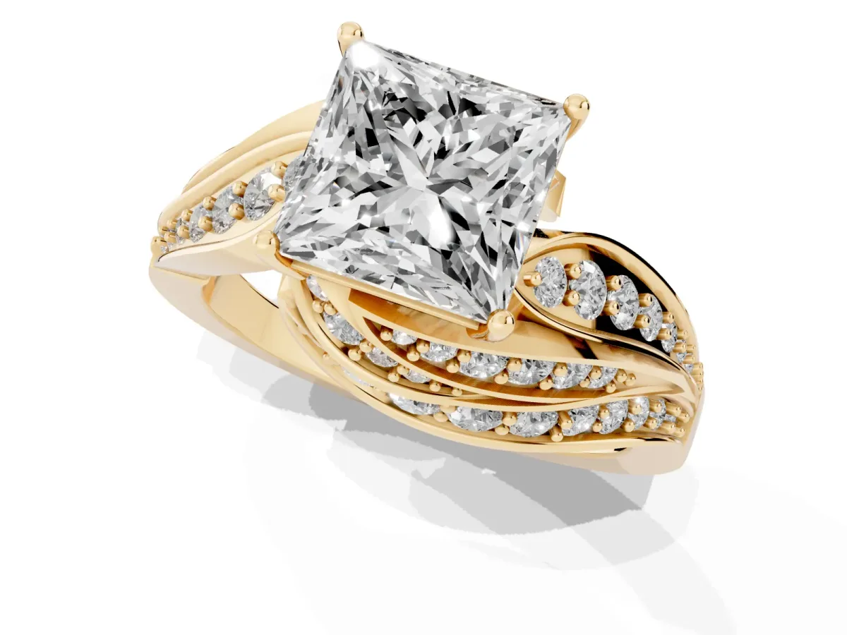 Princess Cut Diamond Solitaire Ring with Prong Setting and Twisted Pavé Band Yellow gold