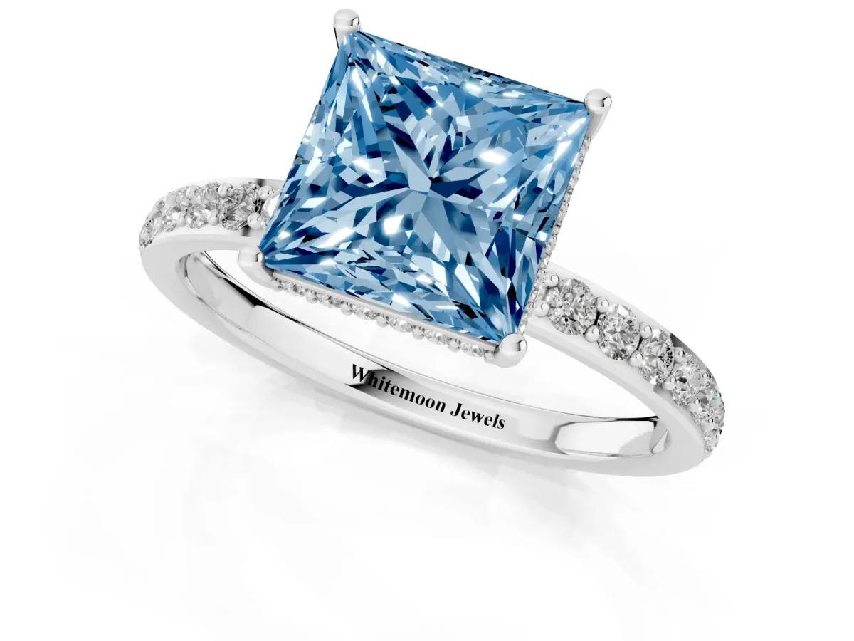 Fancy Blue Princess Cut Diamond Solitaire Ring with Pavé Band and Hidden Halo White gold