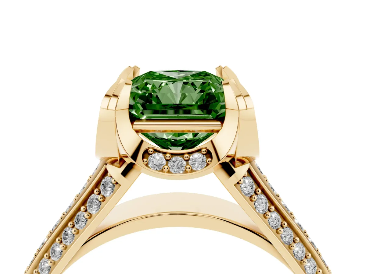 Fancy Green Radiant Cut Solitaire Pave Split Shank Ring with Four-Prong Setting Yellow gold