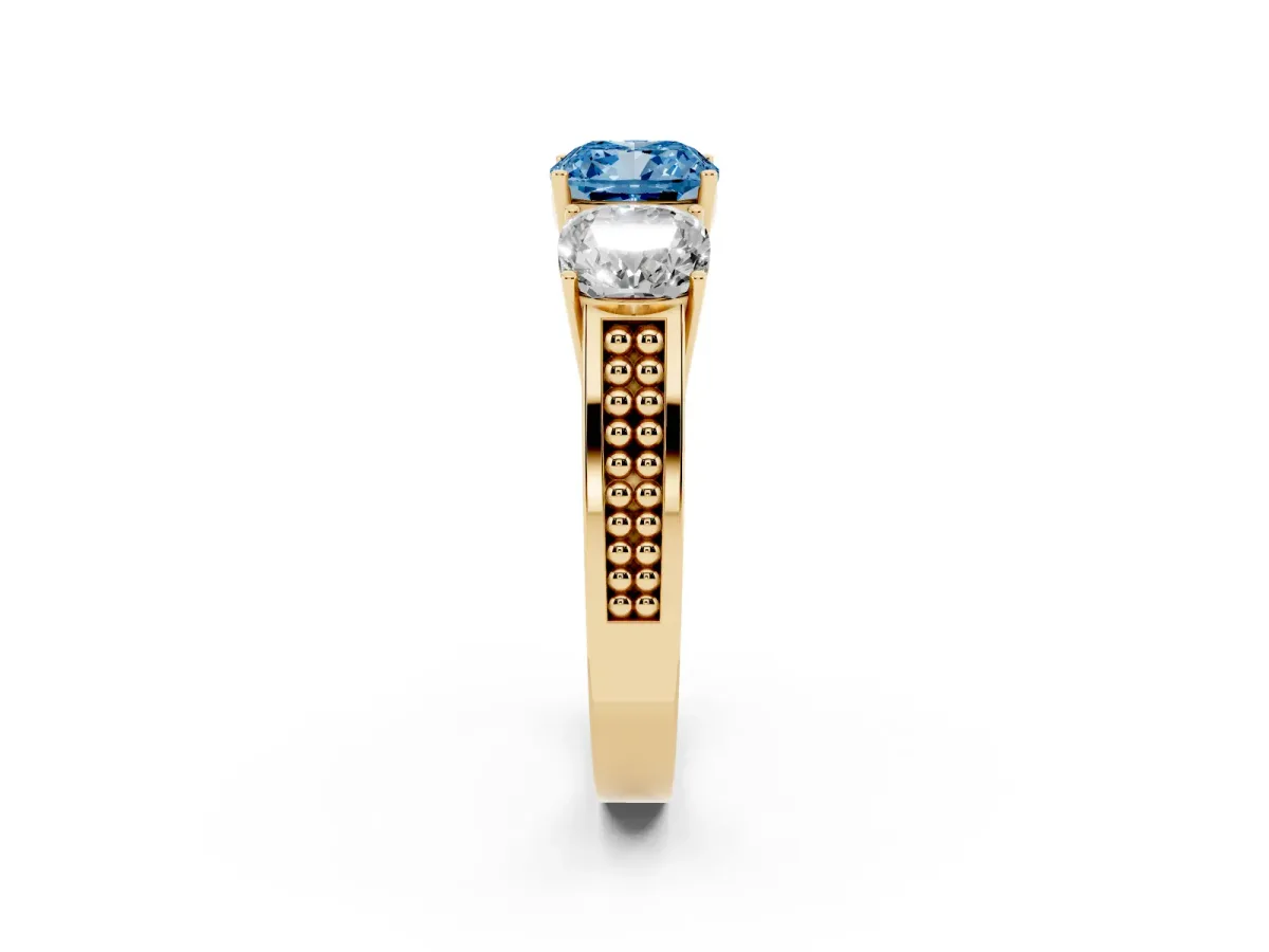 Fancy Blue Cushion Cut Diamond Three-Stone Ring with Prong Setting and Textured Band Yellow gold