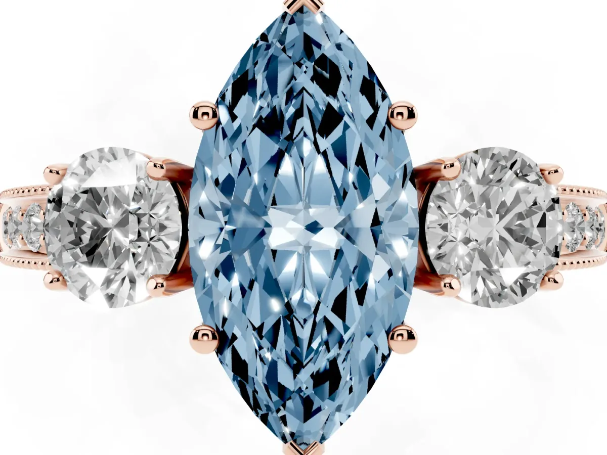 Fancy Blue Marquise Cut Three-Stone Diamond Ring with Pavé Band and Four-Prong Setting Rose gold