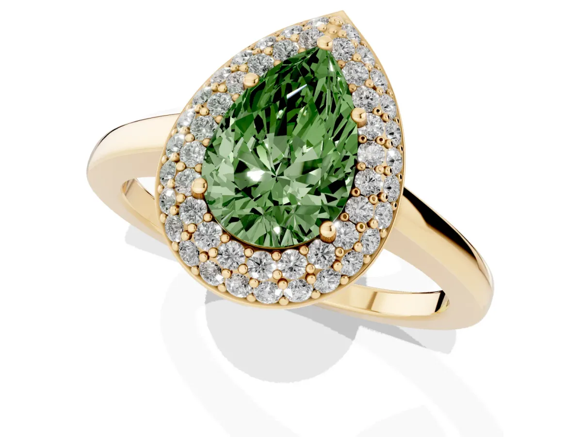 Fancy Green Pear Cut Halo Diamond Engagement Ring with Solitaire Band and Four-Prong Setting Yellow gold