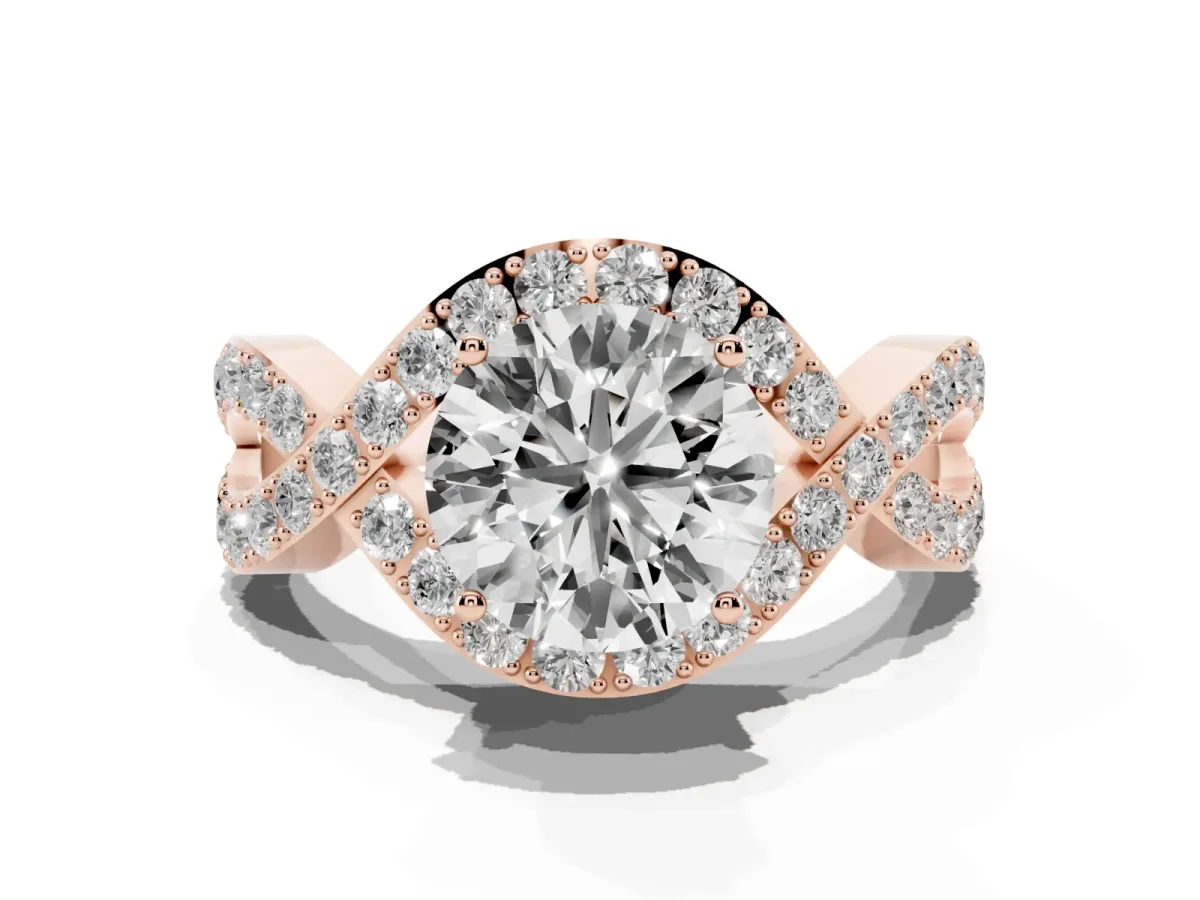 Round Cut Solitaire Twist Band Pavé Diamond Engagement Ring Rose gold