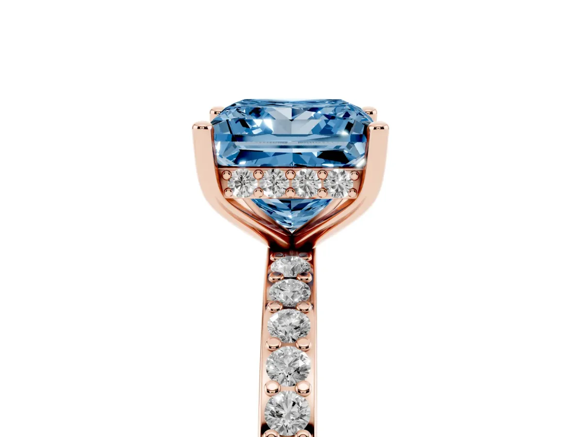 Fancy Blue Princess Cut Cut Diamond Pavé Band Ring with Four-Prong Setting Rose gold