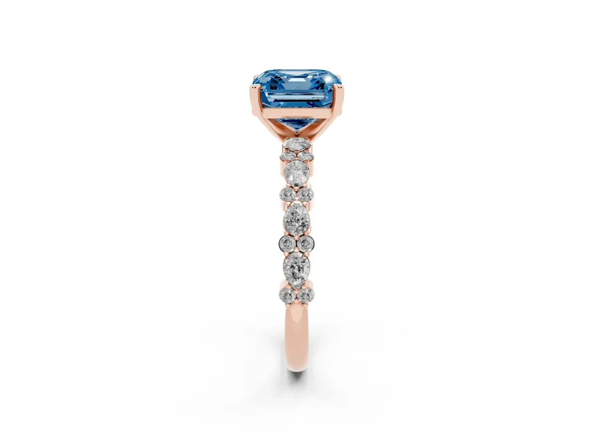 Fancy Blue Asscher Cut Diamond Side Stone Solitaire Ring with Round and Four-Prong Setting Rose gold