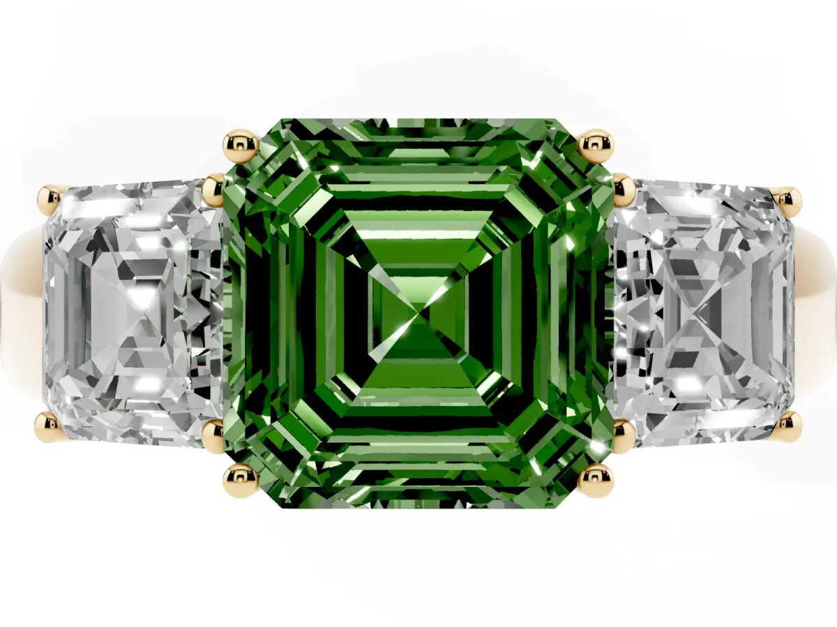 Fancy Green Three-Stone Asscher Cut Cut Diamond Ring with Prong Setting and Classic Band Yellow gold