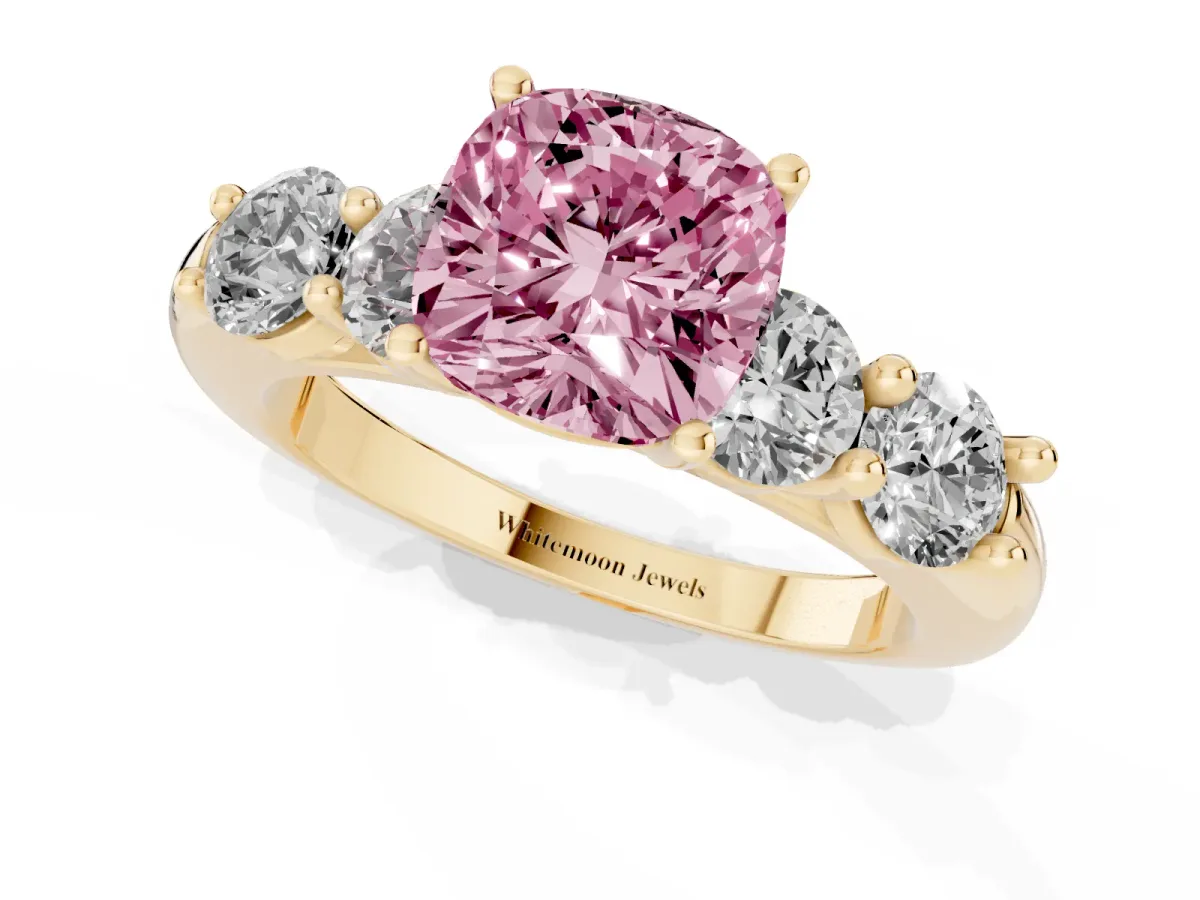 Fancy Pink Cushion Cut Cut Five-Stone Prong Set Diamond Ring with Classic Band Yellow gold