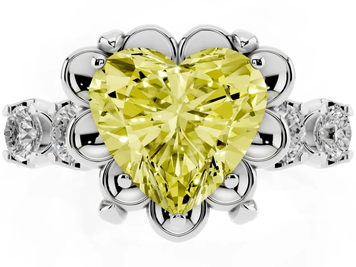 Fancy Yellow Heart Cut Cut Diamond Floral Halo Engagement Ring with Shared Prong Setting White gold