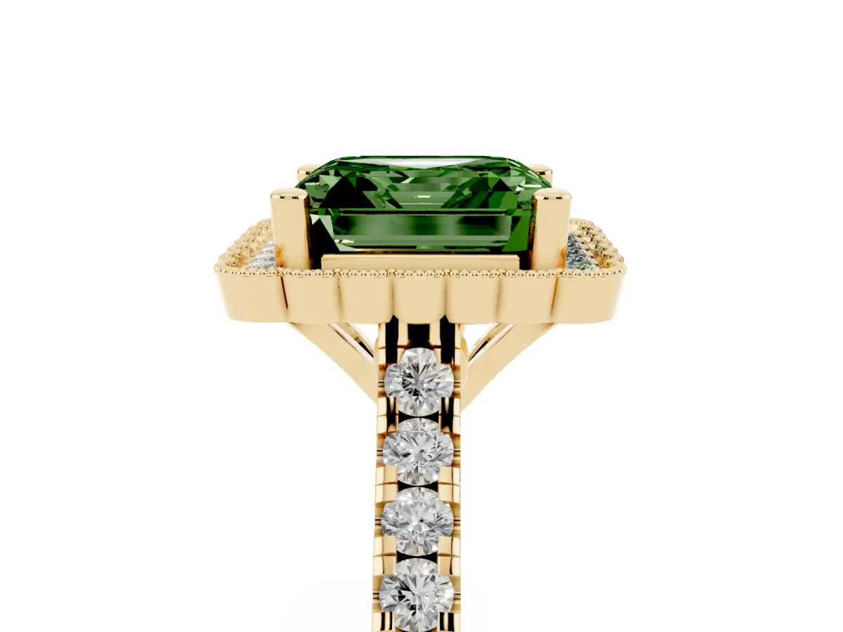 Fancy Green Asscher Cut Cut Diamond Milgrain Floral Halo Engagement Ring with Pavé Band Yellow gold
