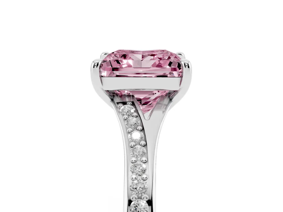 Fancy Pink Princess Cut Diamond Solitaire Ring with Pavé Band and Prong Setting Platinum