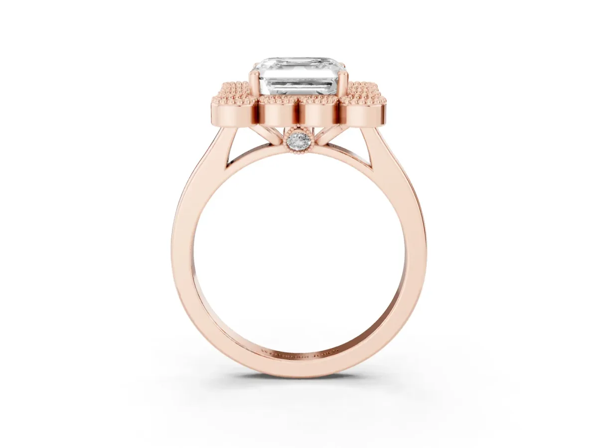 Asscher Cut Halo Diamond Cluster Engagement Ring with Milgrain Bezel Setting and Solitaire Band Rose gold
