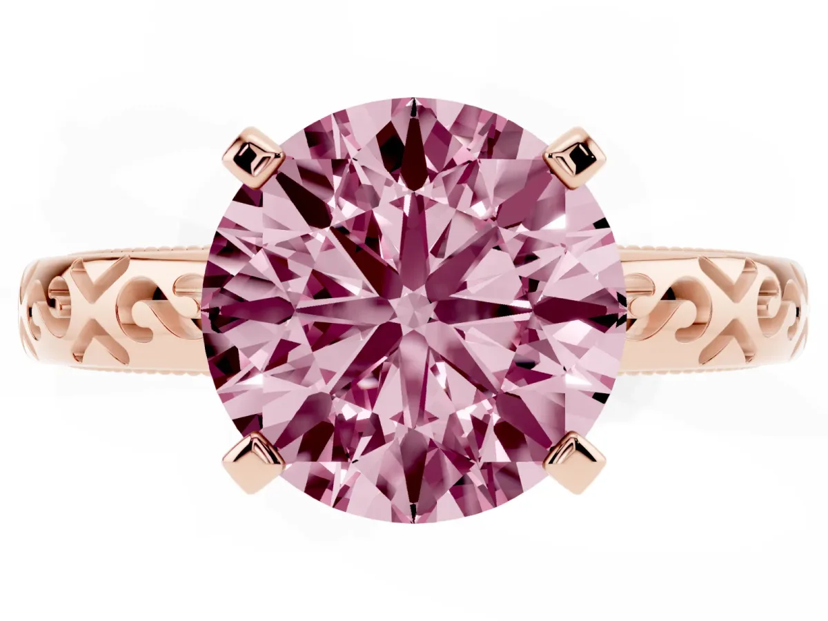 Fancy Pink Round Cut Solitaire Engagement Ring with Scrollwork Band and Four-Prong Setting Rose gold