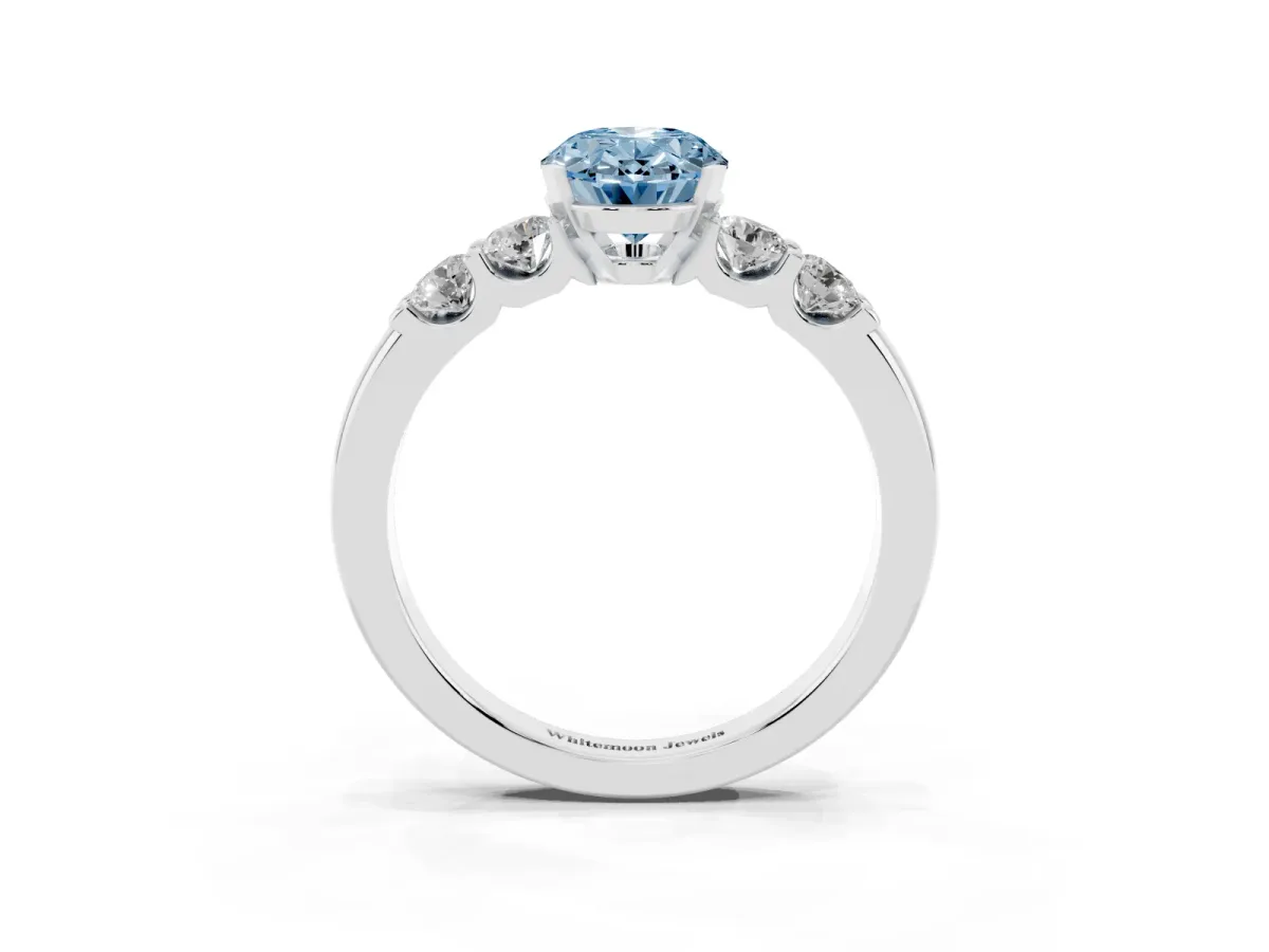 Fancy Blue Oval Cut Brilliant Cut Diamond Five-Stone Prong Set Engagement Ring with Channel Band Silver