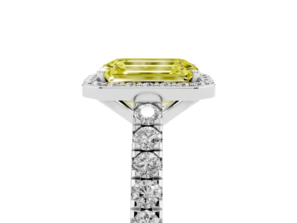 Fancy Yellow Emerald Cut Cut Halo Diamond Engagement Ring with Pave Band and Four-Prong Setting Platinum