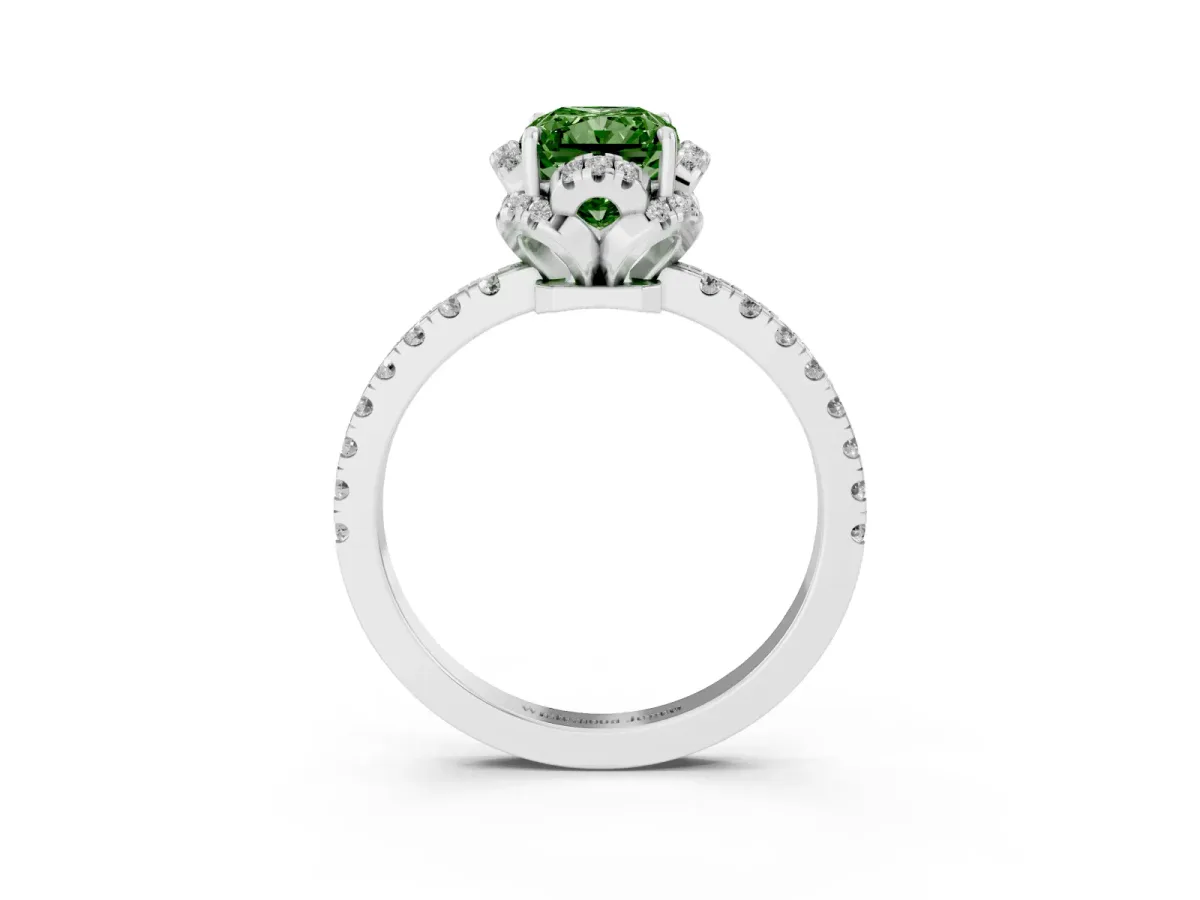 Fancy Green Radiant Cut Halo Diamond Pave Band Ring with Four-Prong Setting Platinum