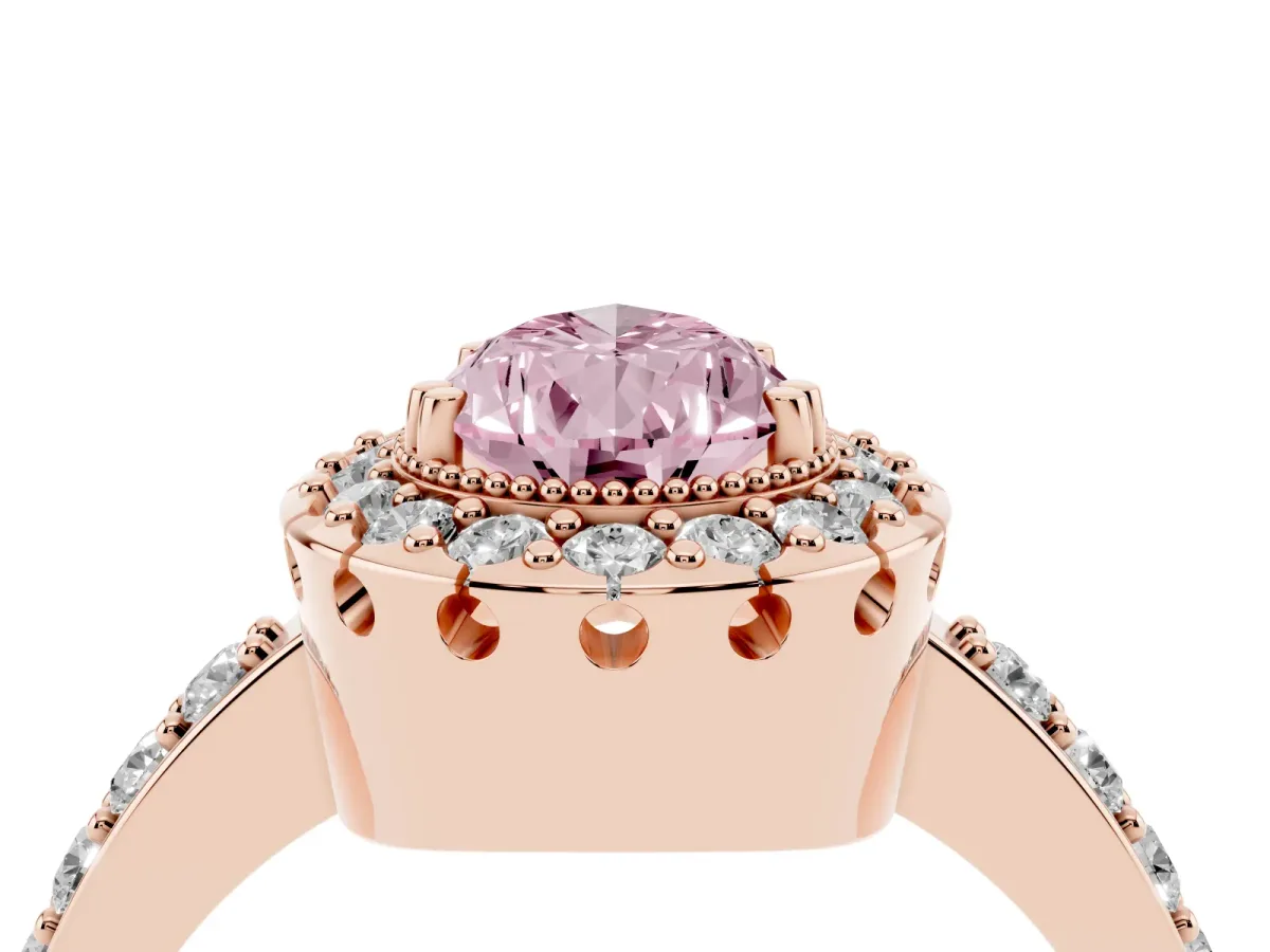 Fancy Pink Pear Cut Diamond Halo Ring with Pavé Band and Prong Setting Rose gold