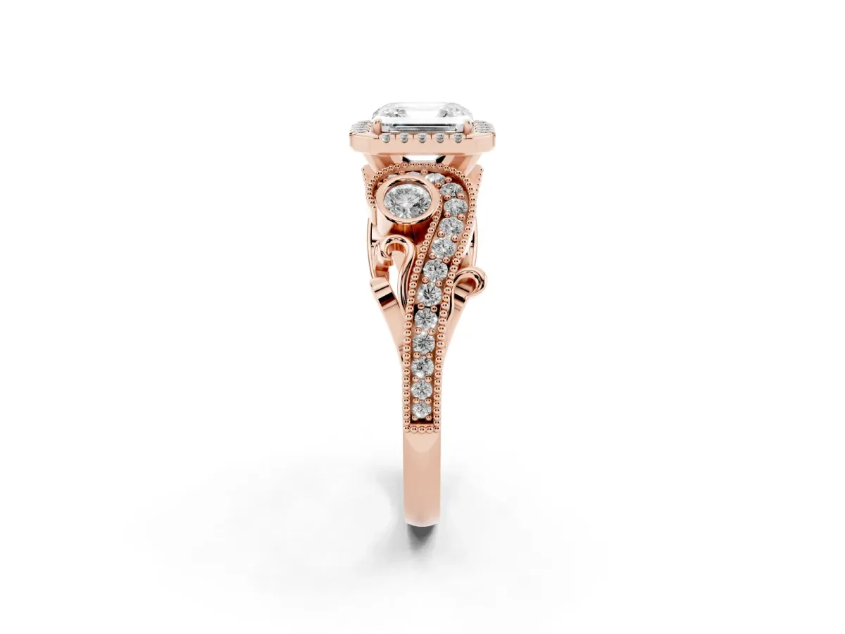 Asscher Cut Halo Diamond Ring with Milgrain and Bezel Accents on a Split Shank Band Rose gold
