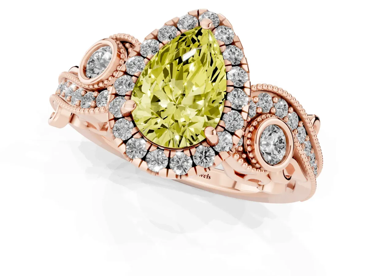 Fancy Yellow Pear Cut Diamond Halo Ring with Milgrain Pavé Band and Four-Prong Setting Rose gold