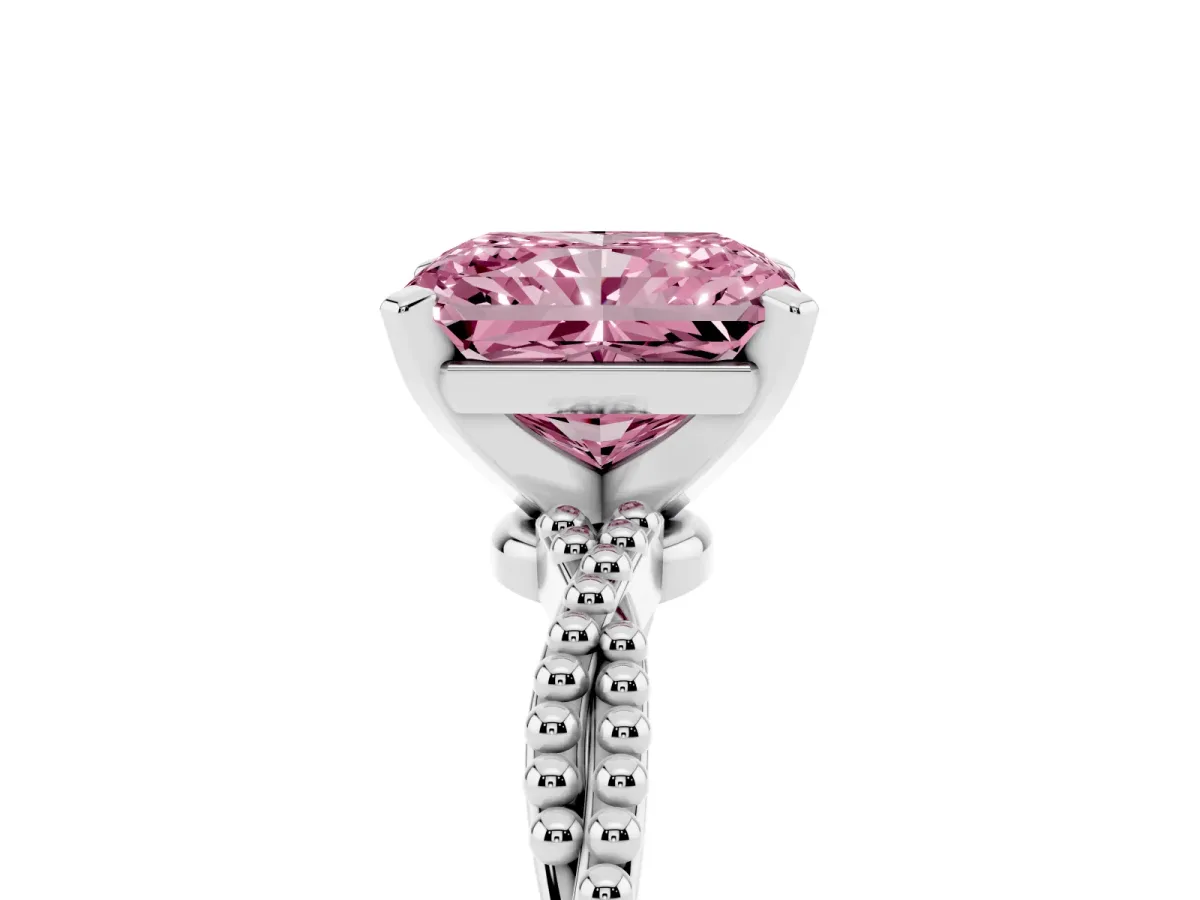 Fancy Pink Radiant Cut Solitaire Twisted Band with Bead Prong Setting Silver
