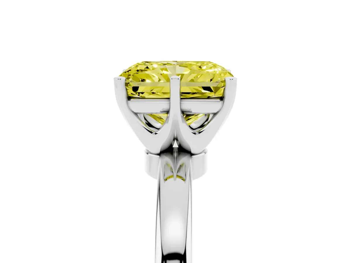 Fancy Yellow Radiant Cut Solitaire Diamond Ring with Six-Prong Setting on a Classic Band Silver