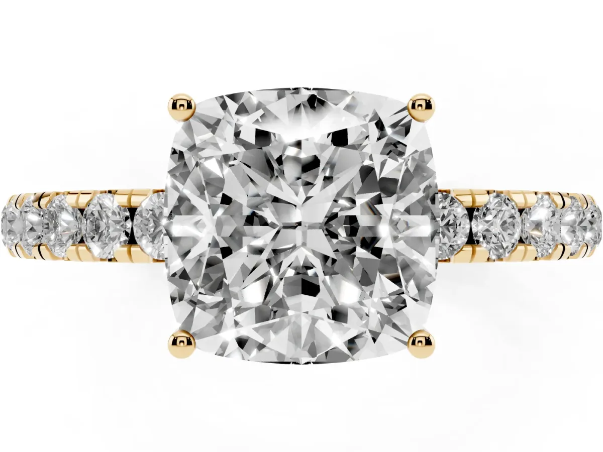 Cushion Cut Diamond Pavé Solitaire Engagement Ring with Four-Prong Setting Yellow gold