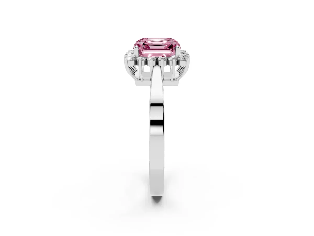 Fancy Pink Asscher Cut Cut Diamond Halo Ring with Round Brilliant Halo and Solitaire Band White gold