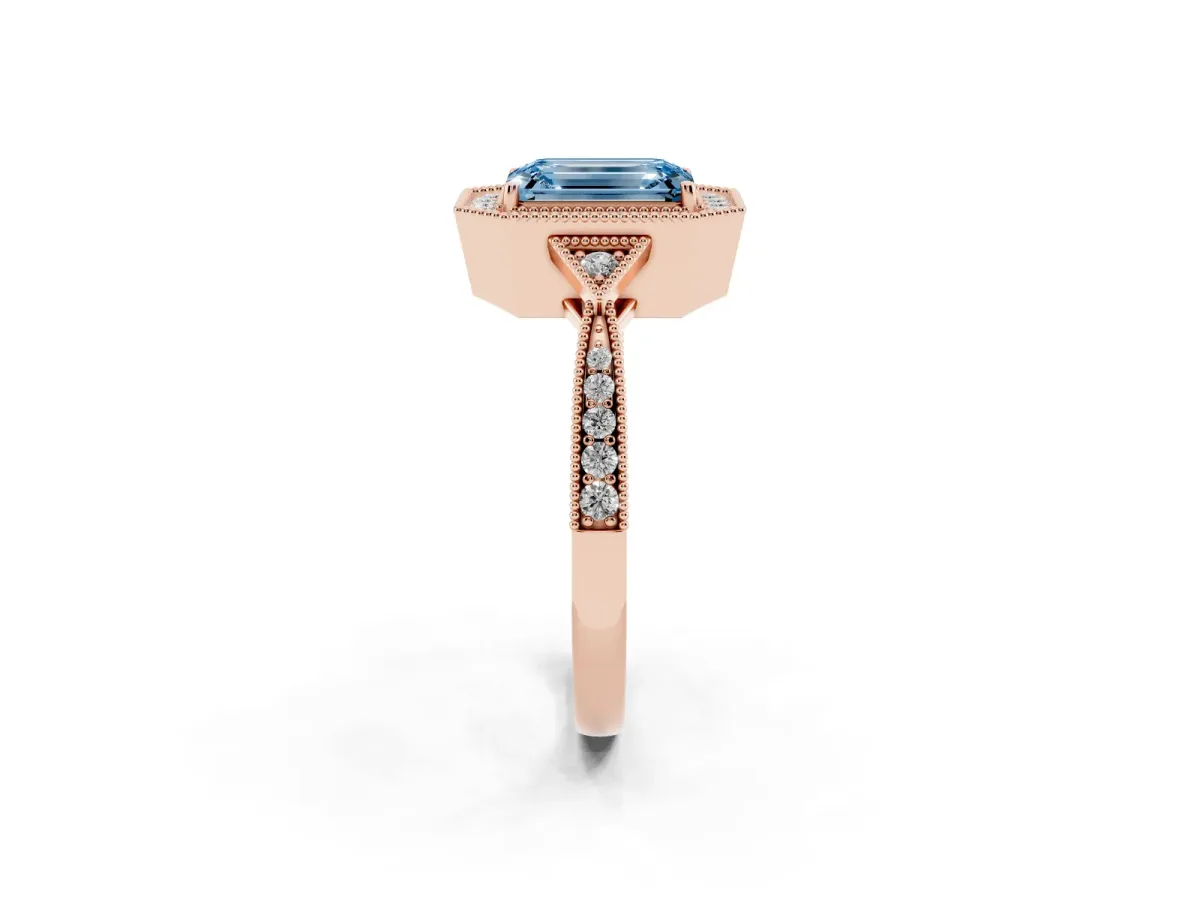 Fancy Blue Emerald Cut Halo Round Diamond Milgrain Pave Engagement Ring Rose gold