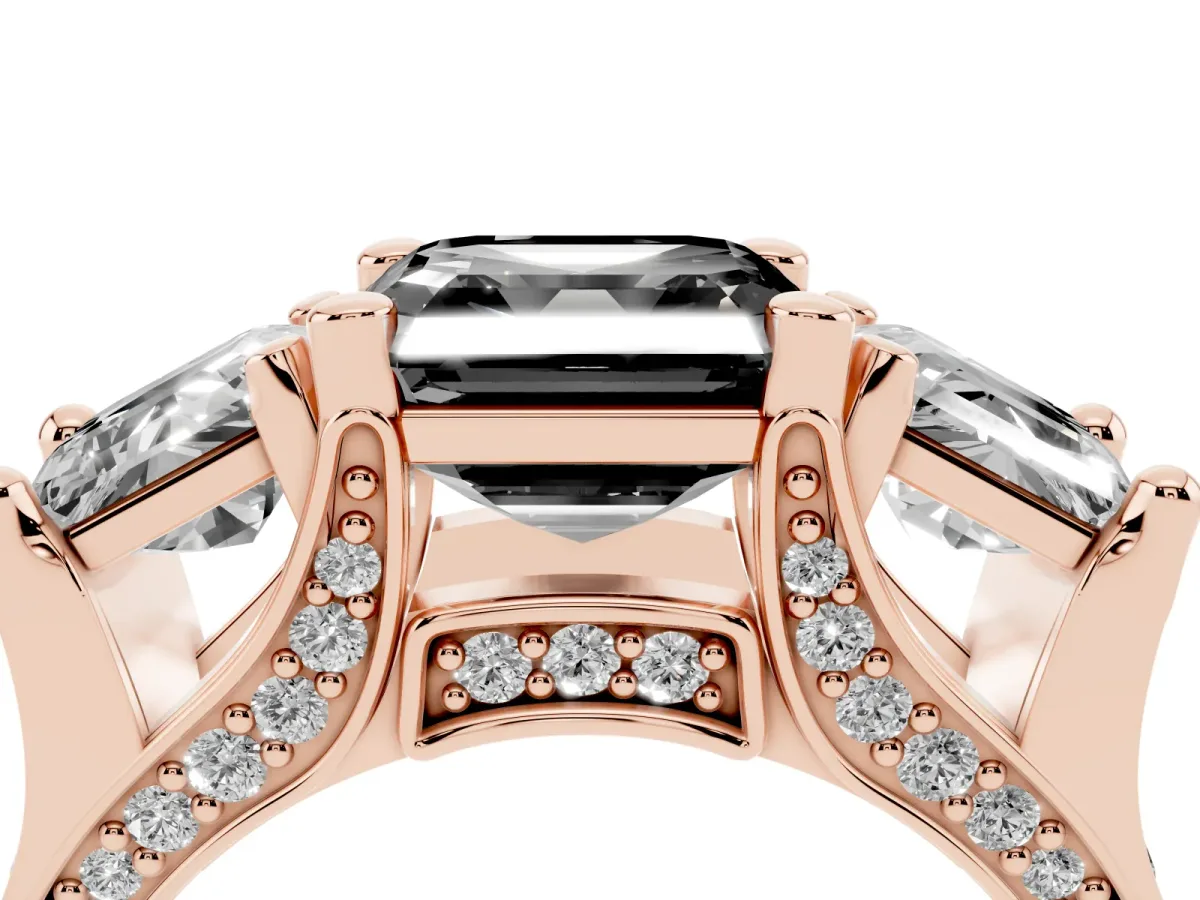 Fancy Black Asscher Cut Diamond Three-Stone Ring with Channel Set Band and Four-Prong Setting Rose gold