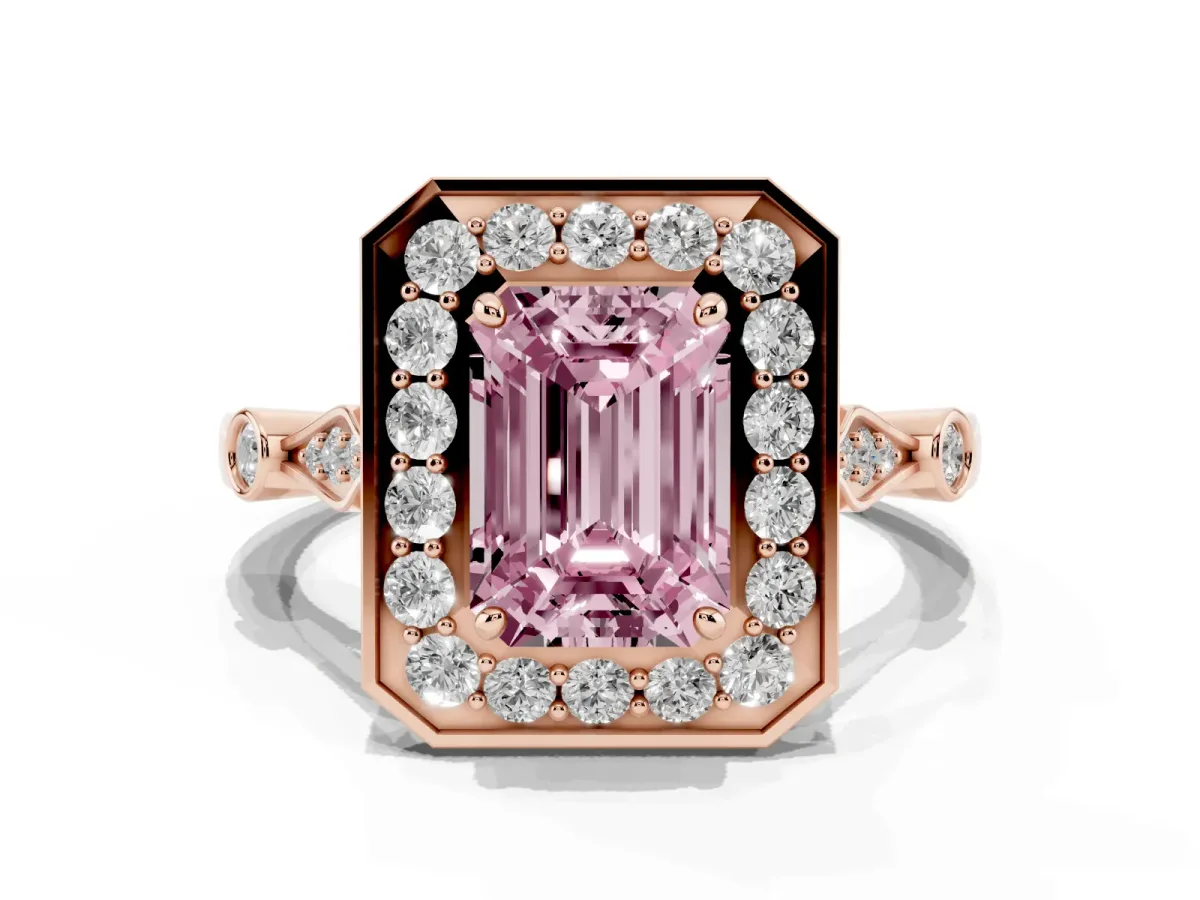 Fancy Pink Emerald Cut Halo Diamond Engagement Ring with Twisted Band and Four-Prong Setting Rose gold